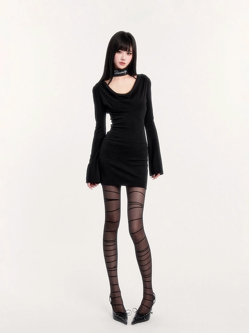 Black fitted bodycon mini dress with flared sleeves and dramatic off-shoulder choker neckline