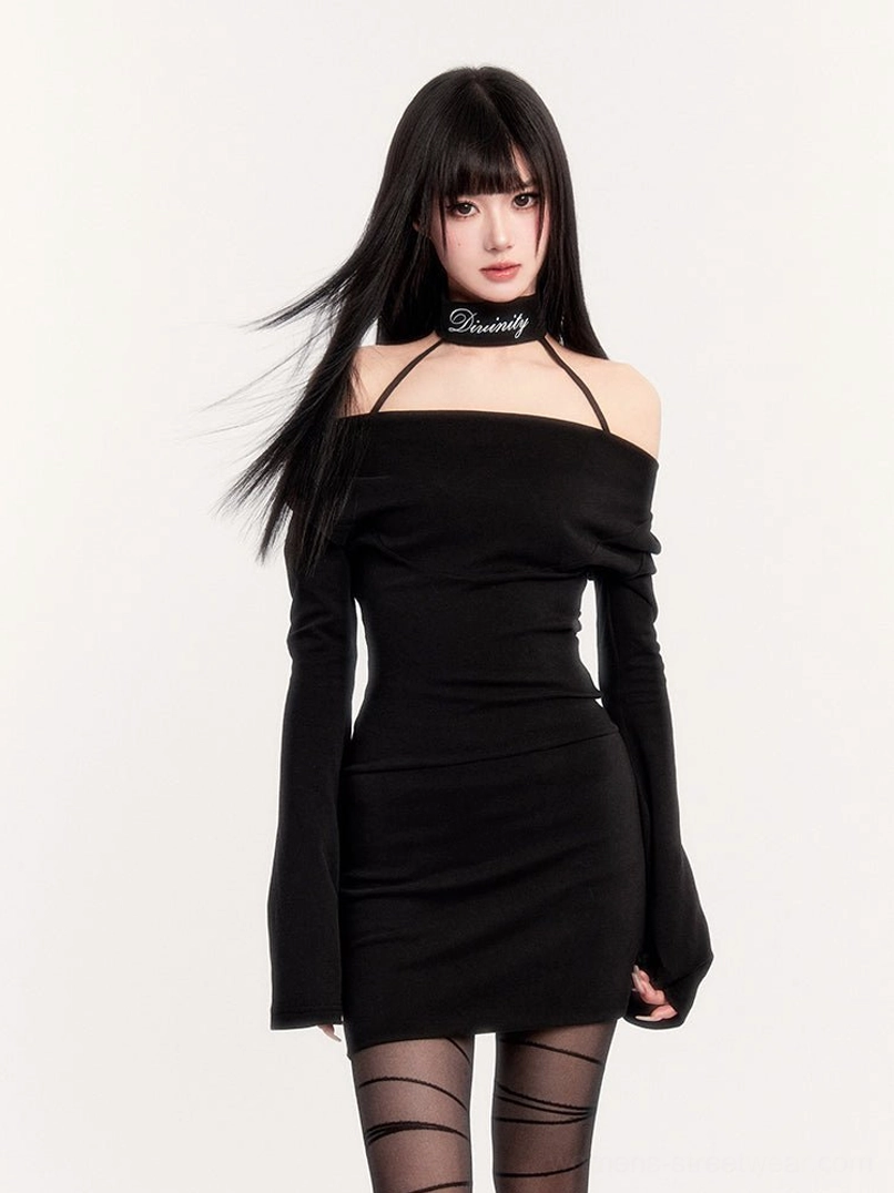 Black off-shoulder choker bodycon mini dress with flared long sleeves and fitted Korean streetwear silhouette
