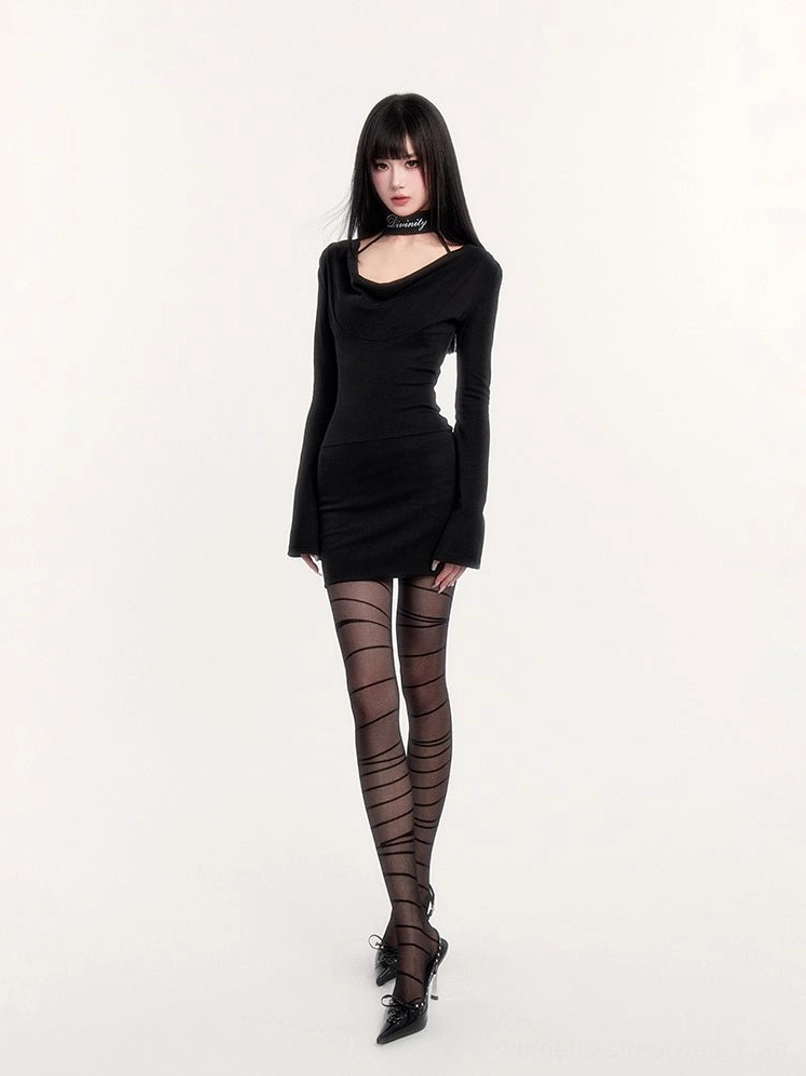 Black cowl neck inspired off-shoulder bodycon mini dress styled with striped sheer tights and heels
