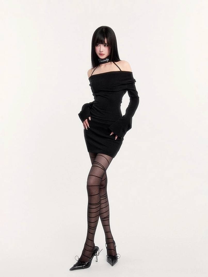 Side profile of black off-shoulder choker bodycon mini dress with flared long sleeves