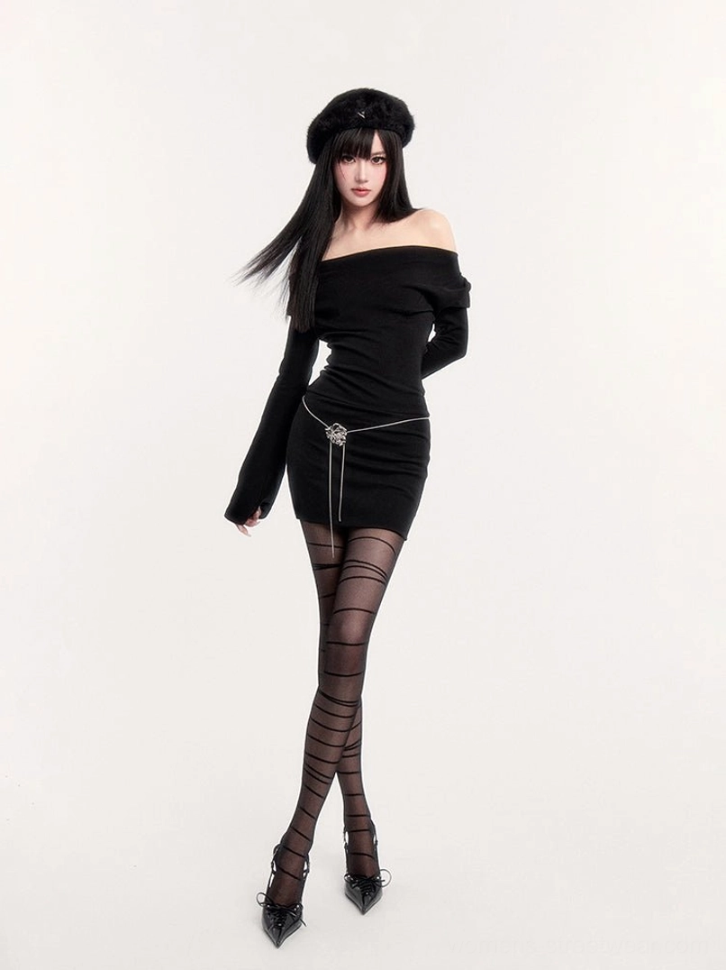Black off-shoulder choker bodycon mini dress with waist zipper detail and flared sleeves