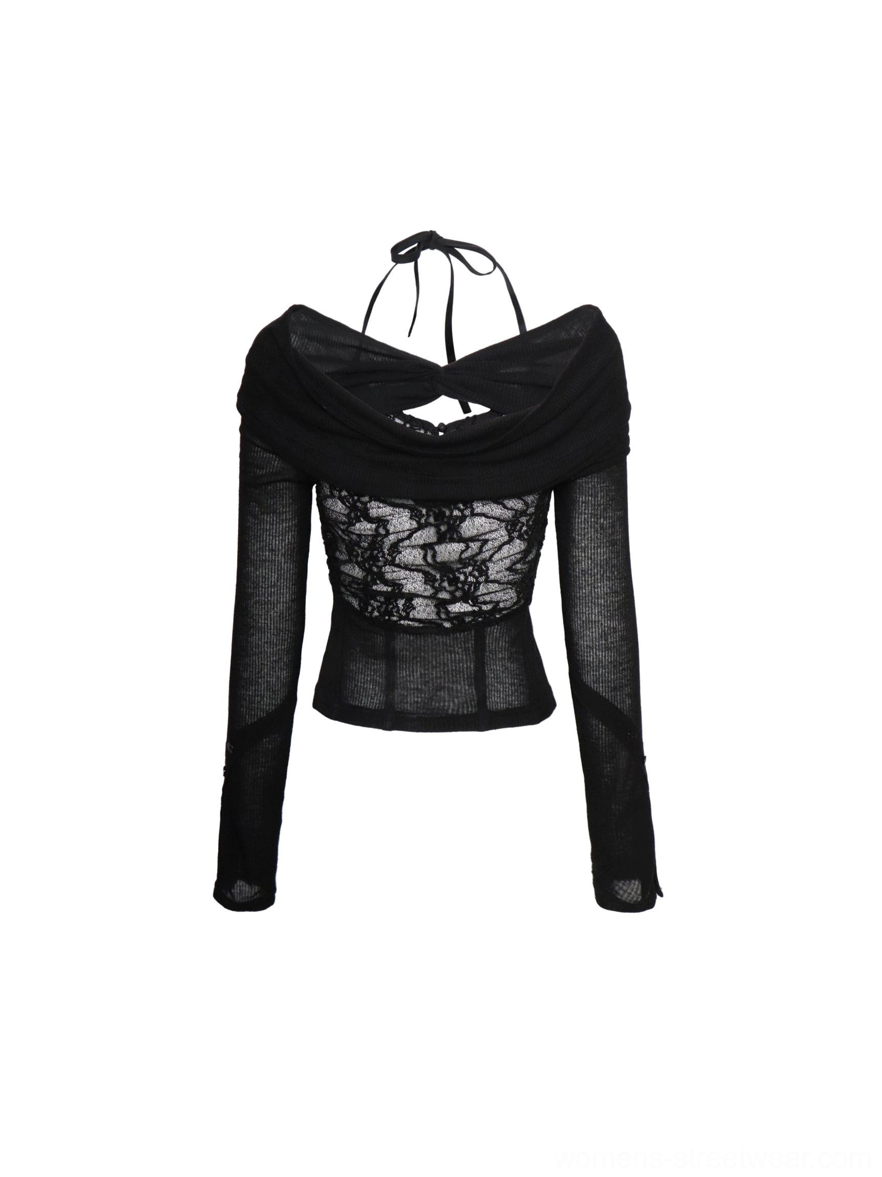 Flat lay of a black off-shoulder lace panel cardigan featuring a draped neckline, sheer mesh sleeves, front lace detail, cropped fit, and rear halter closure