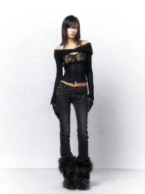 Front full-body view of a black off-shoulder lace panel cardigan with sheer long sleeves, fitted cropped silhouette, floral bust detail, and Y2K Korean streetwear styling