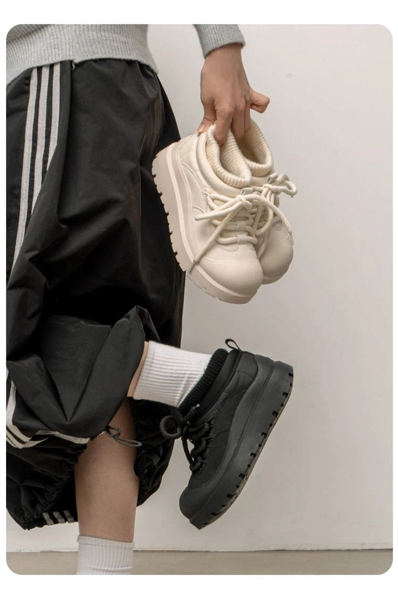 Lifestyle styling showing black and off-white fleece-lined platform sneakers with chunky soles and winter streetwear design