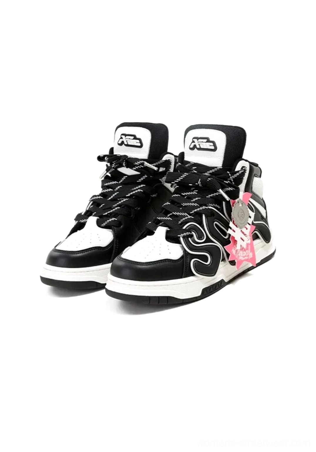 Black and off-white high-top skate sneakers with oversized letter patterns and thick platform sole displayed as a streetwear footwear pair