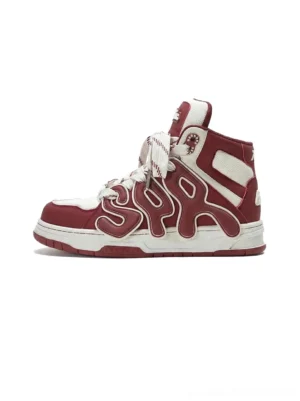 Black and off-white high-top skate sneakers with oversized letter details, textured upper, and thick platform rubber sole shown from a side front angle