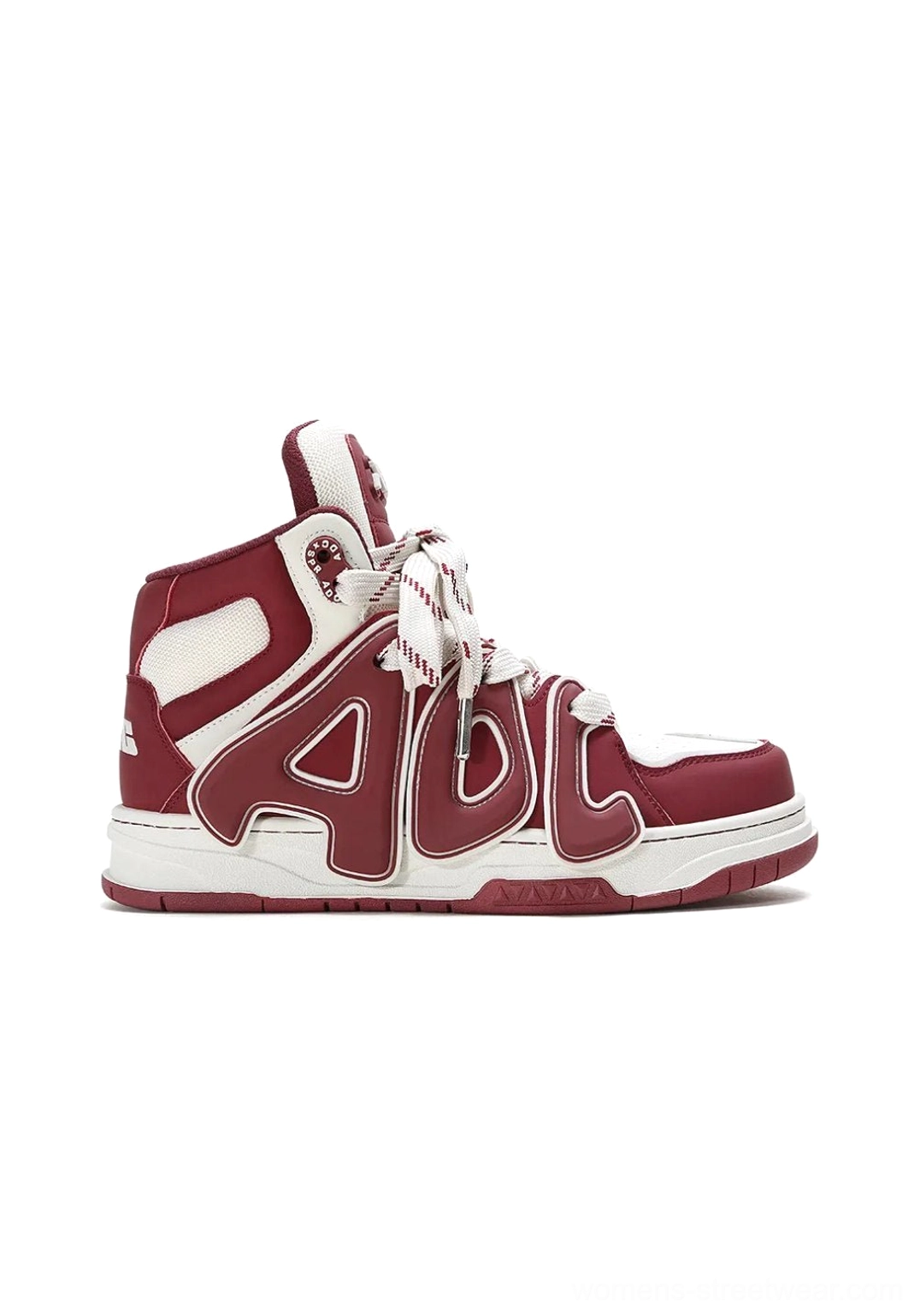 Right side view of black and off-white high-top skate sneakers with oversized letter detailing and elevated platform sole