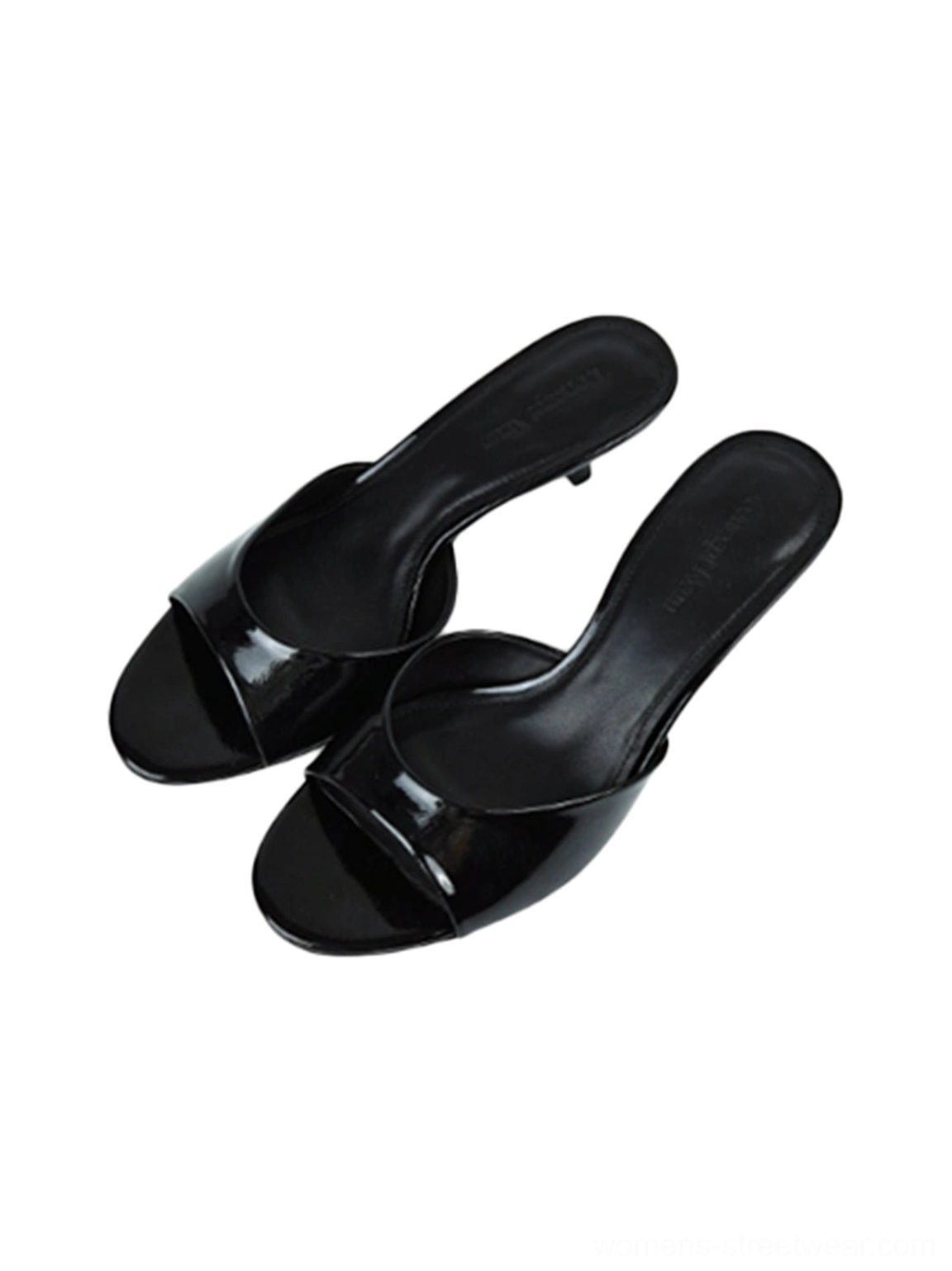 Pair of black open-toe kitten-heel mule slides displaying the square toe silhouette from the front