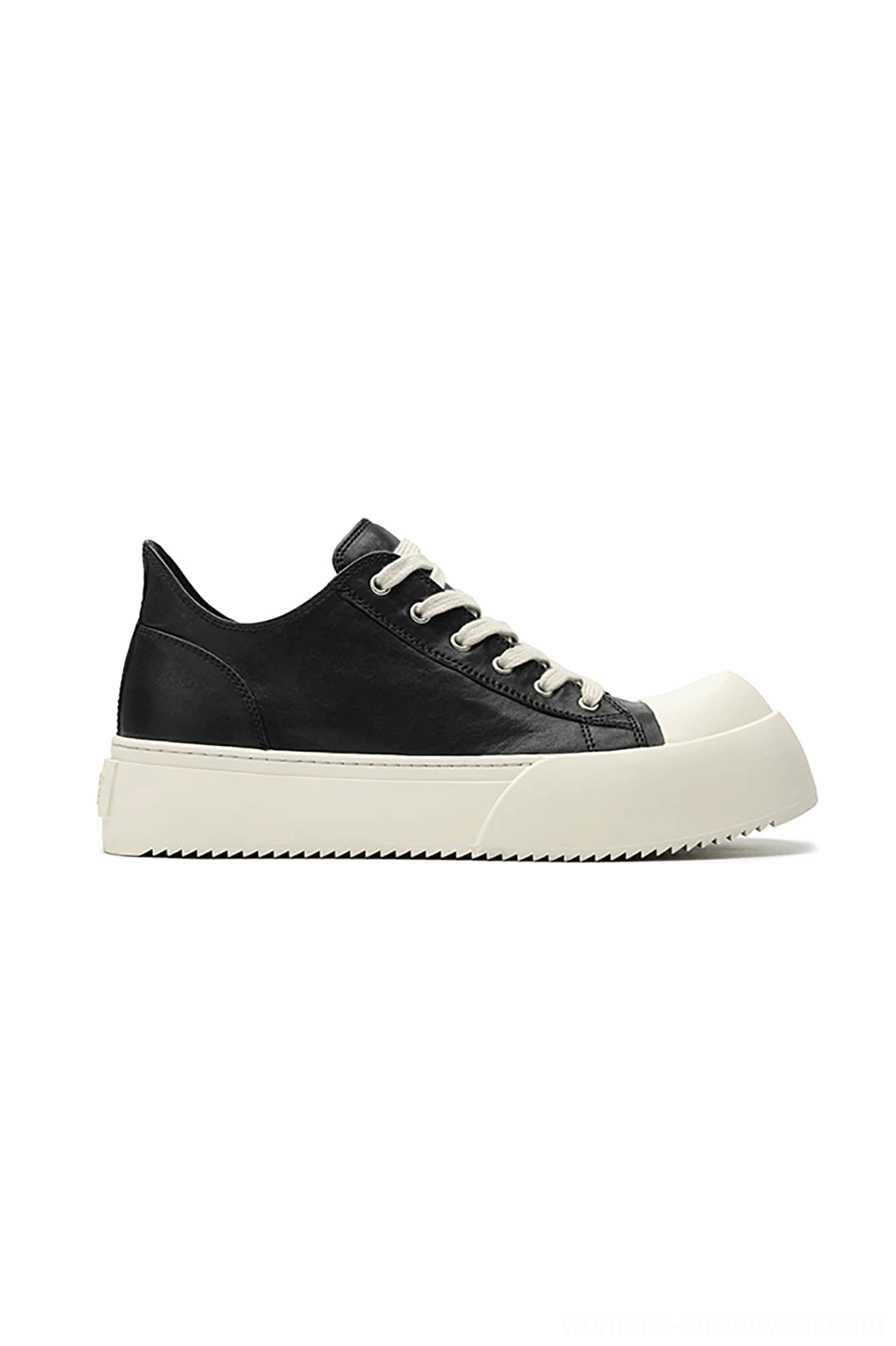Right side profile of black Oreo low-top leather sneakers featuring a raised off-white platform rubber sole