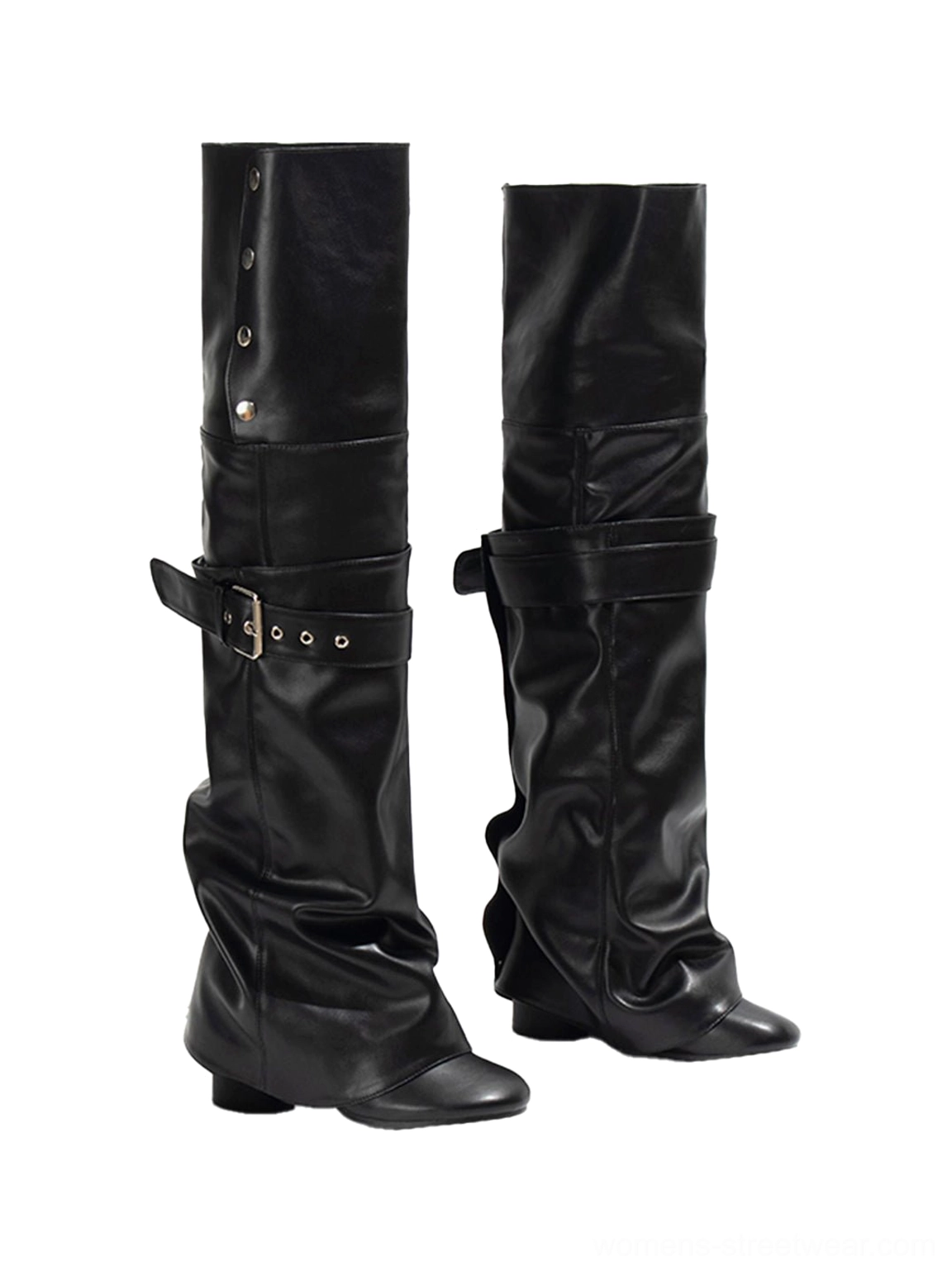 Left side view of black over-the-knee slouch riding boots featuring smooth microfiber leather foldover shaft and buckle straps