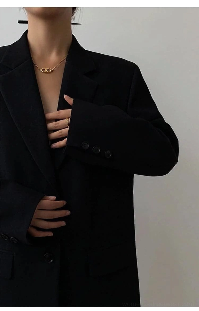 Black oversized Korean-style blazer texture detail matte polyester fabric solid black finish
