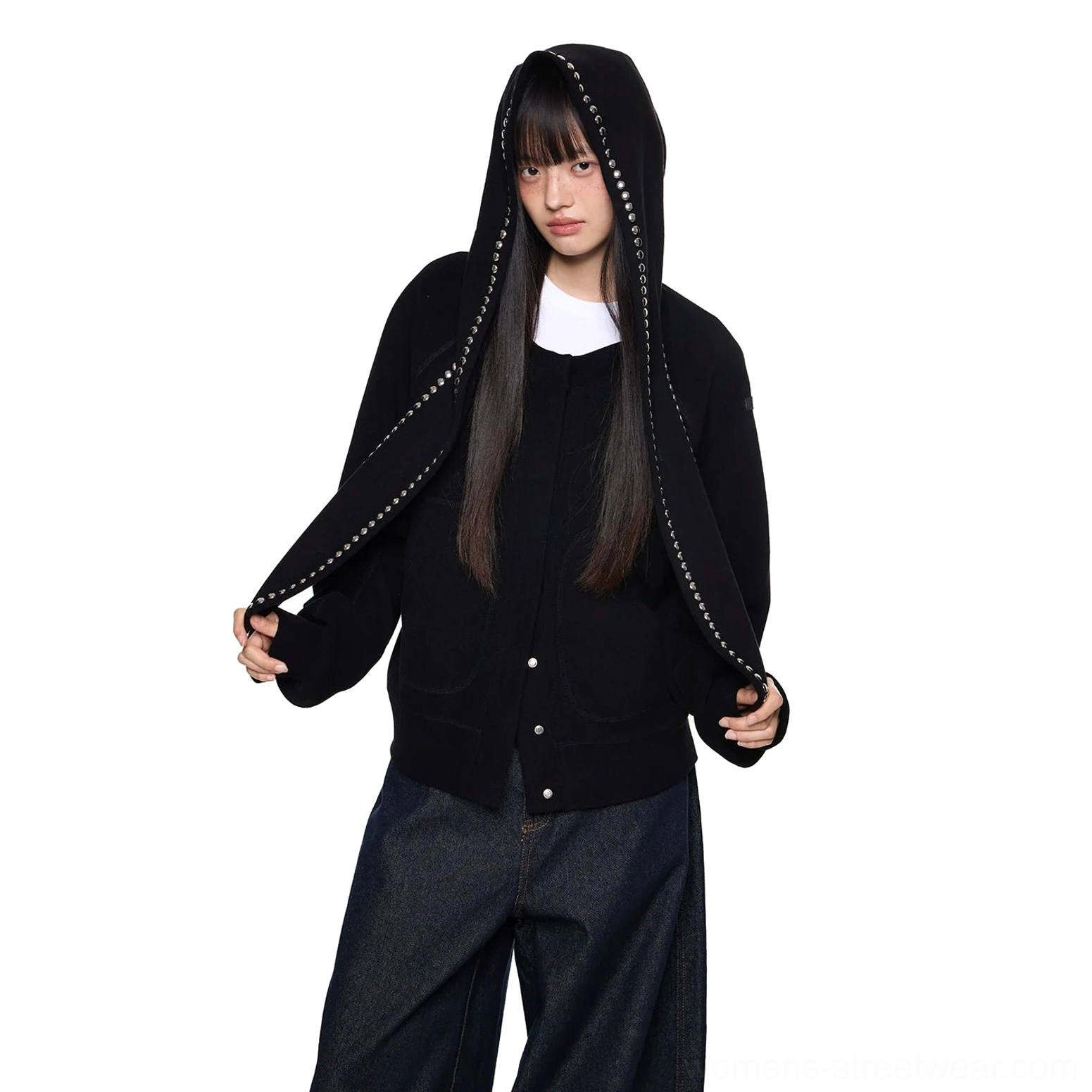 Black oversized bunny ear hoodie with front pockets, snap button closure, drop shoulders, and punk streetwear hood details