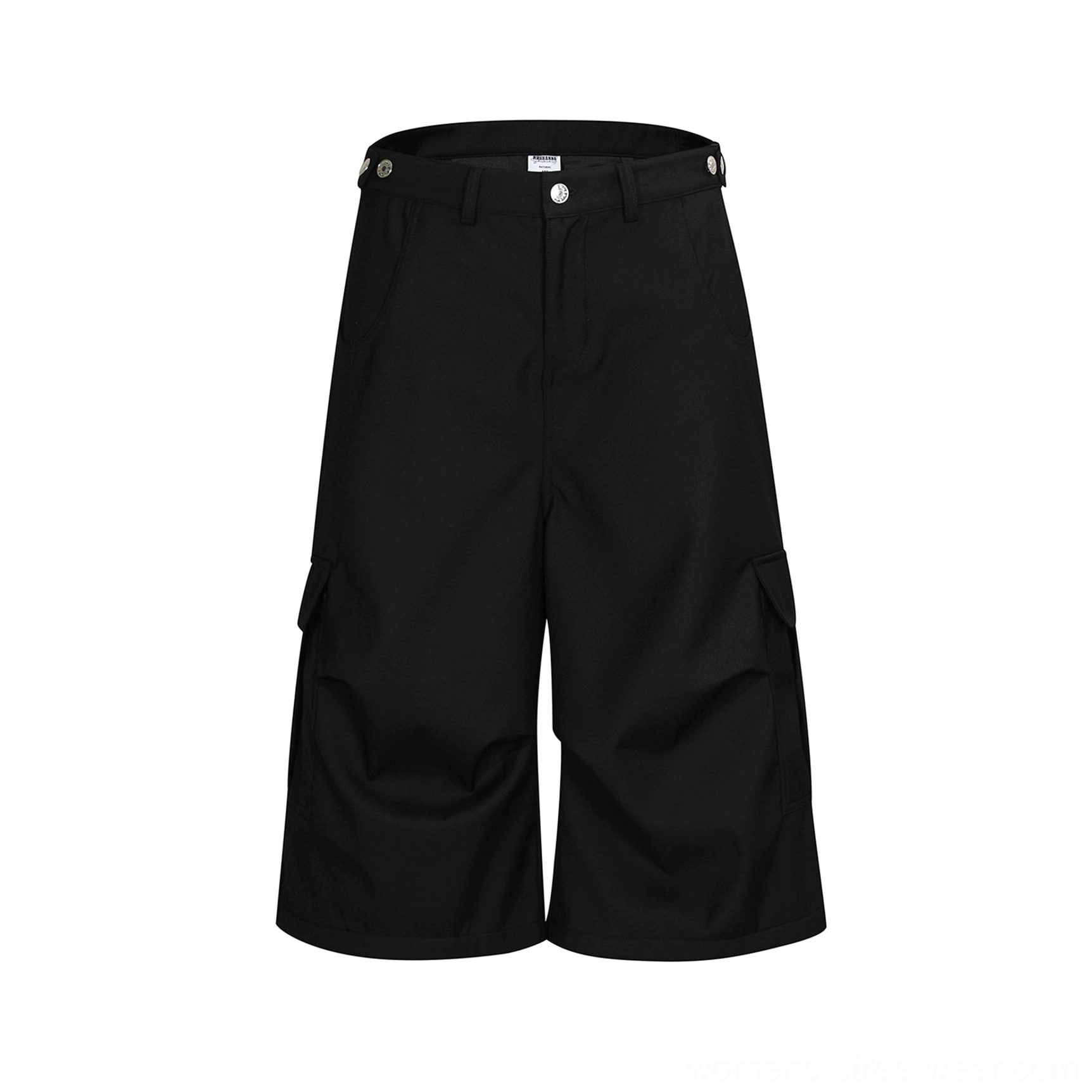 Black oversized cargo culotte shorts featuring a wide cropped silhouette, utility pockets, belt-loop waistband, and modern streetwear styling