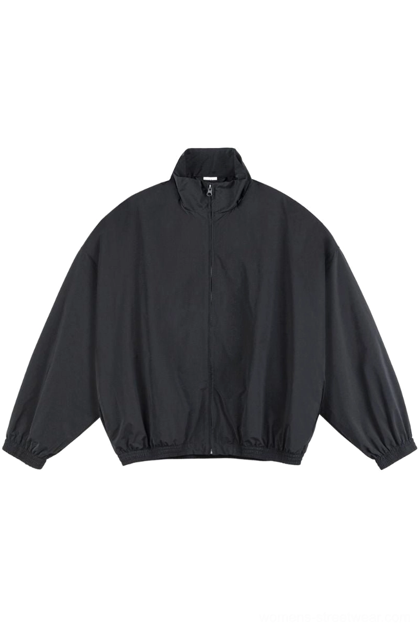 Black oversized loose-fit windbreaker jacket with stand collar full front zipper elastic cuffs and hem