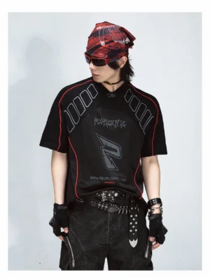 Black oversized mesh racing jersey T-shirt with red contrast piping and gray gothic letter graphics three-quarter view