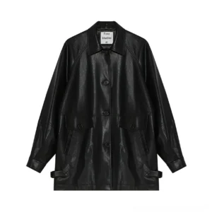 Flat lay front view of black oversized PU leather moto jacket with pointed collar button closure chest pockets and side buckles