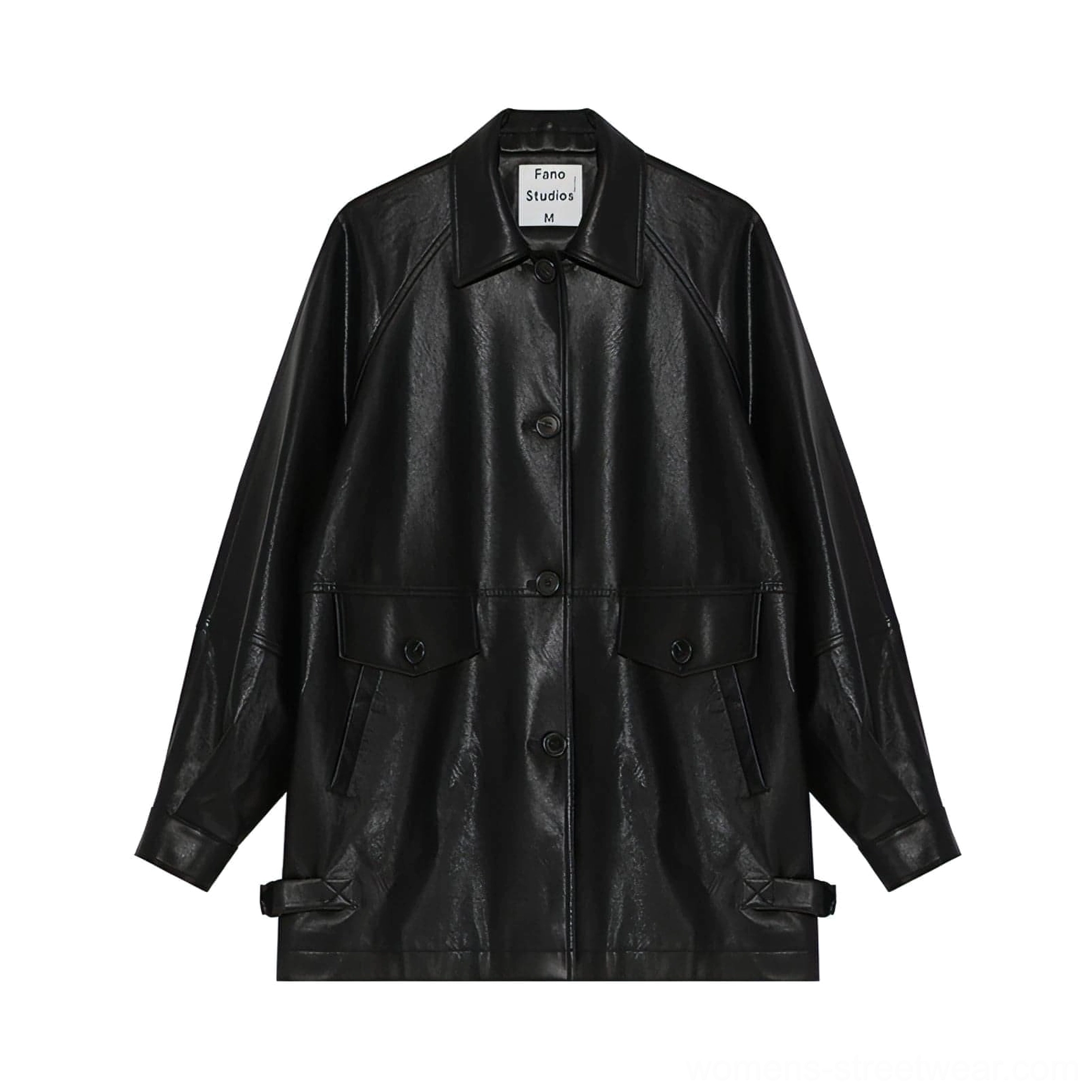 Flat lay front view of black oversized PU leather moto jacket with pointed collar button closure chest pockets and side buckles
