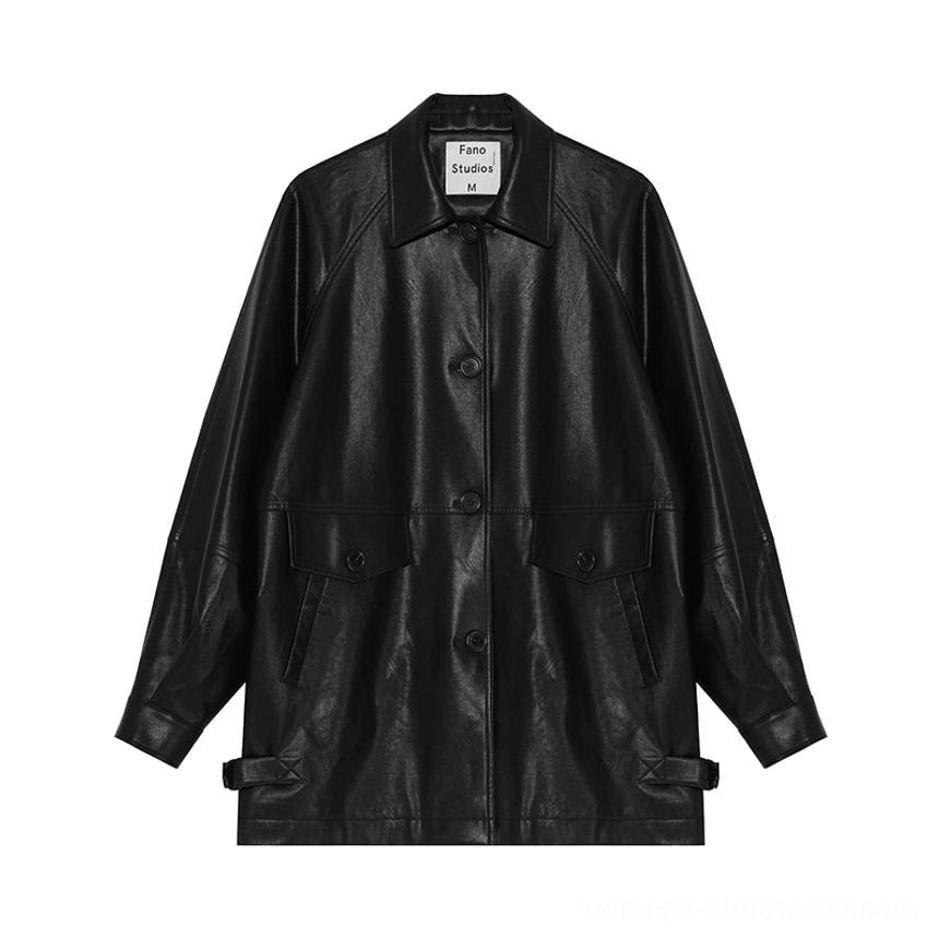 Black oversized PU leather moto jacket product image for women's retro utility streetwear outerwear