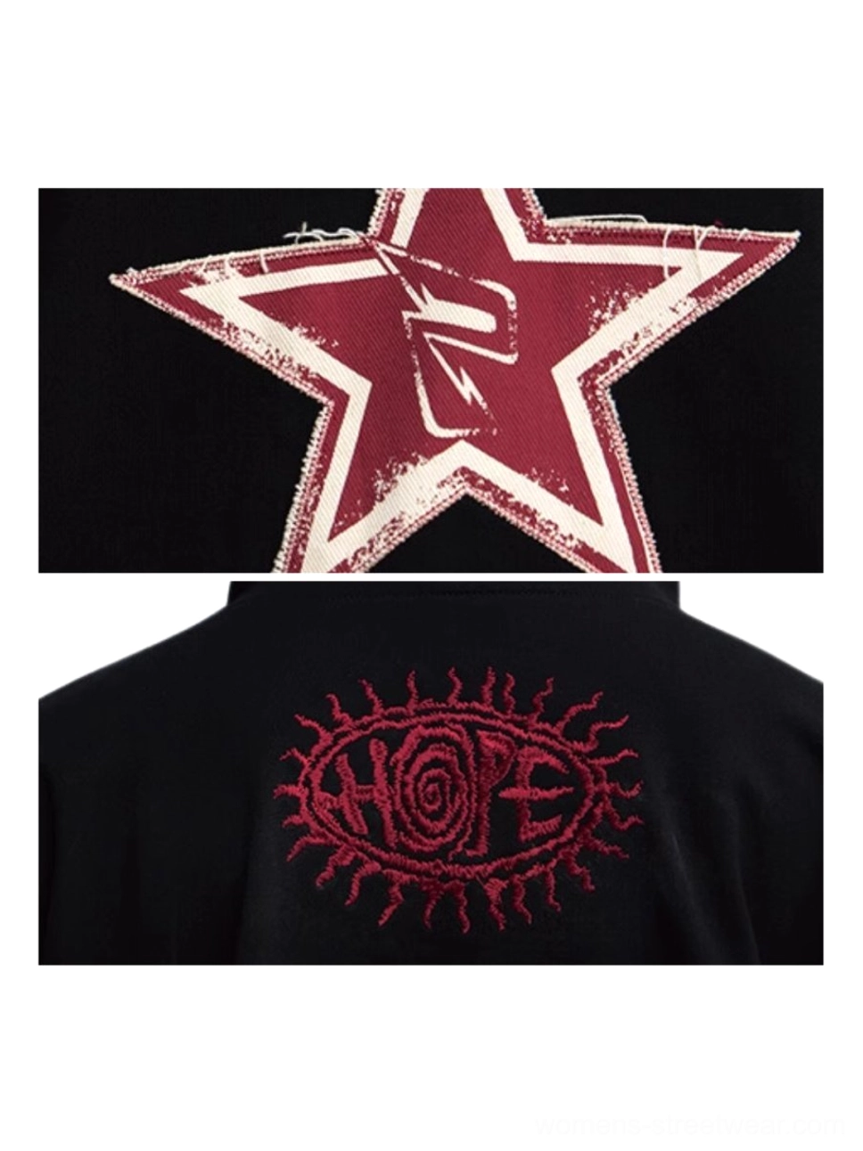 Black oversized hoodie with bold red star chest design and alternative Korean streetwear aesthetic