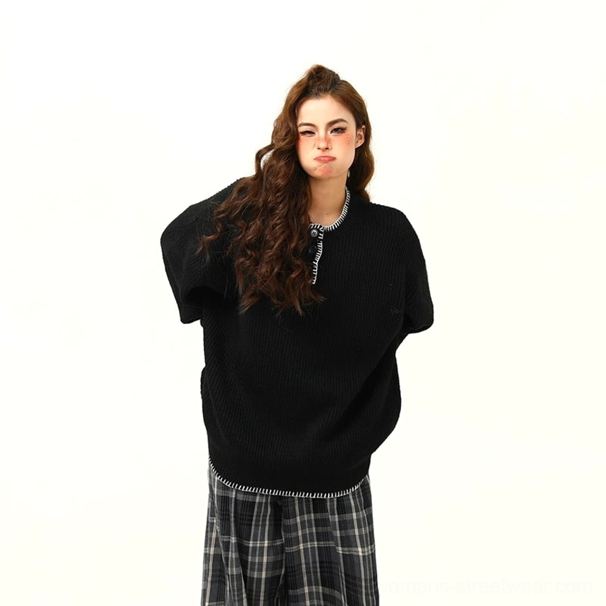 Black color oversized ribbed Henley knit sweater product image with casual layered urban styling