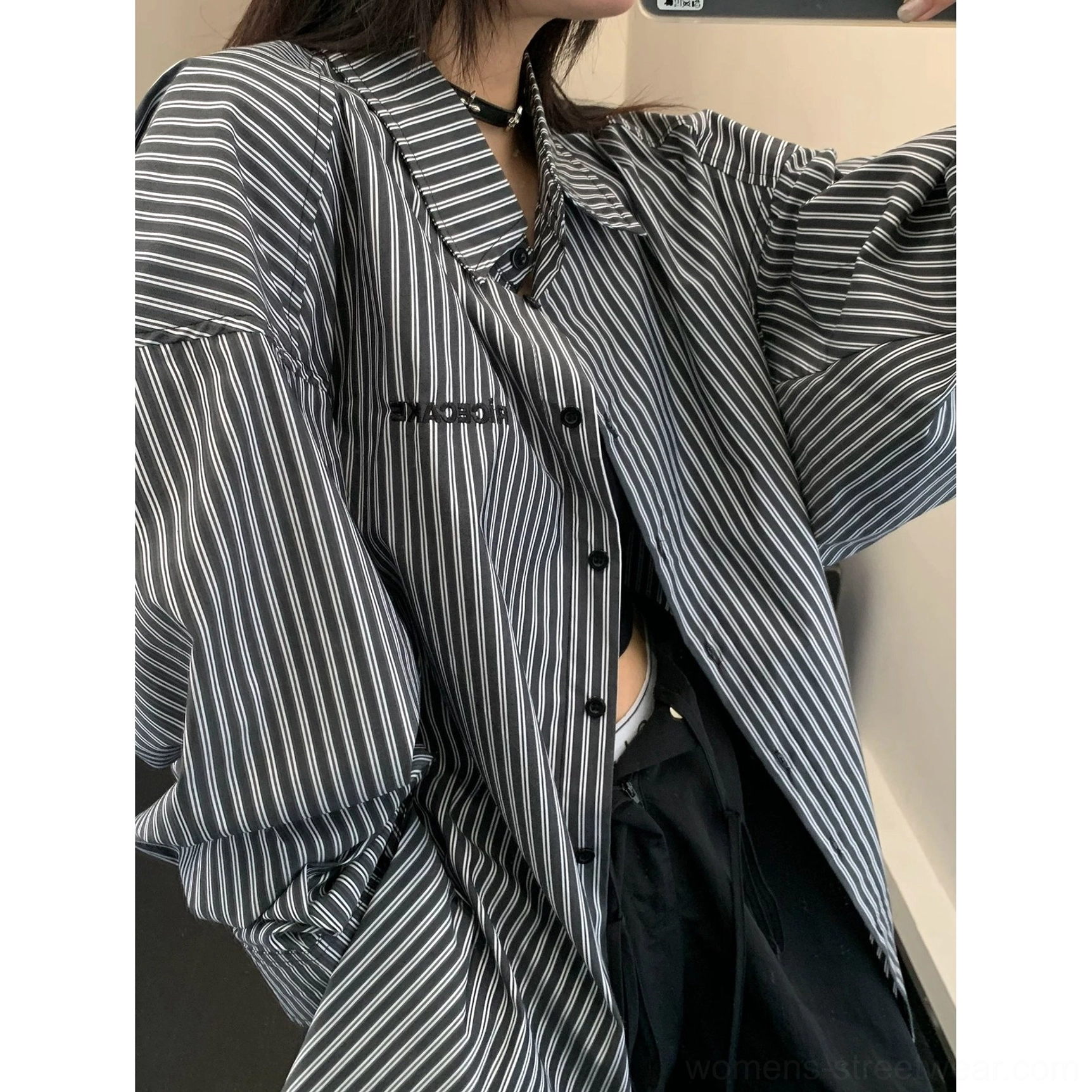 Black oversized vertical stripe cotton button-up streetwear shirt detailed product fashion view