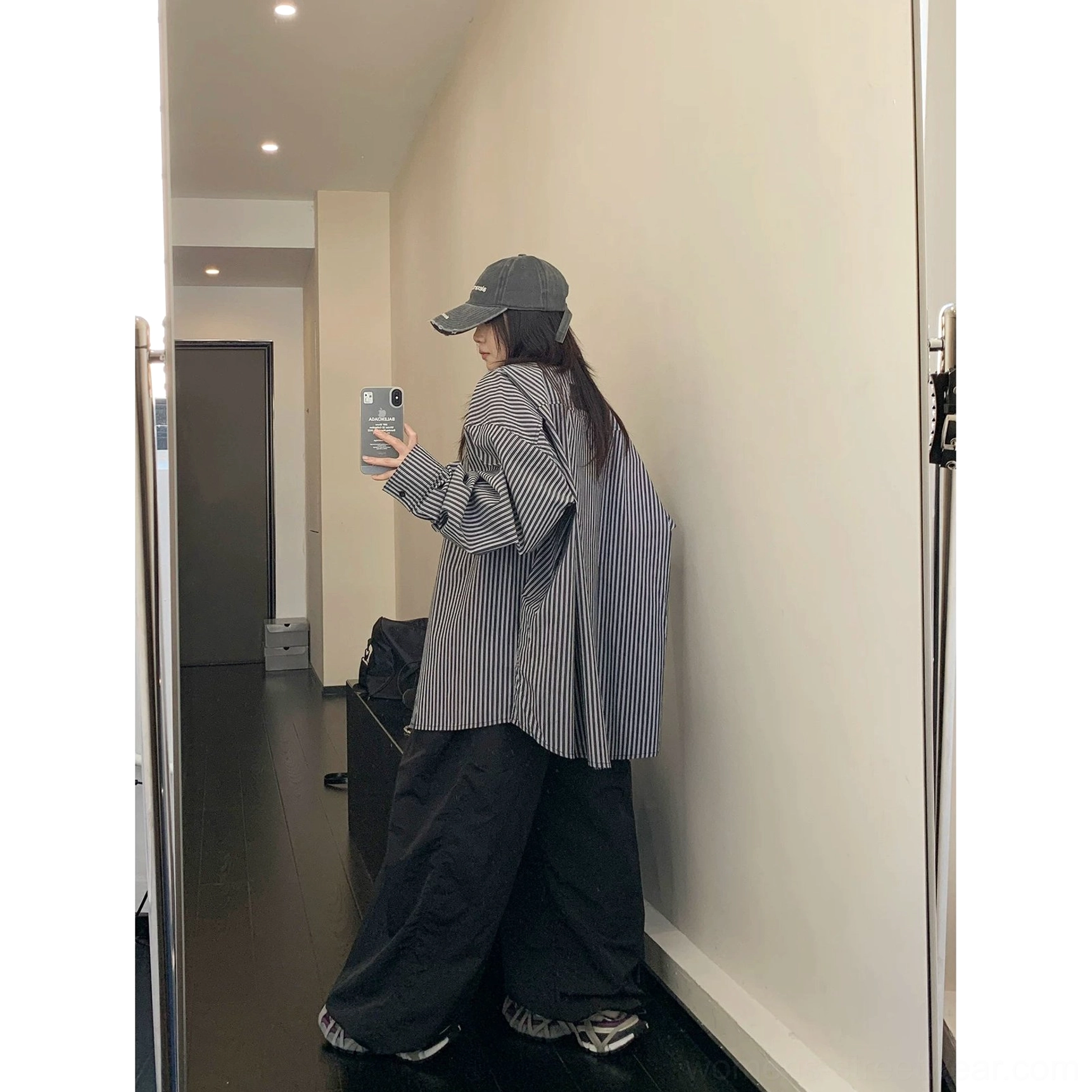 Black oversized vertical stripe shirt long sleeve streetwear layering outfit product image