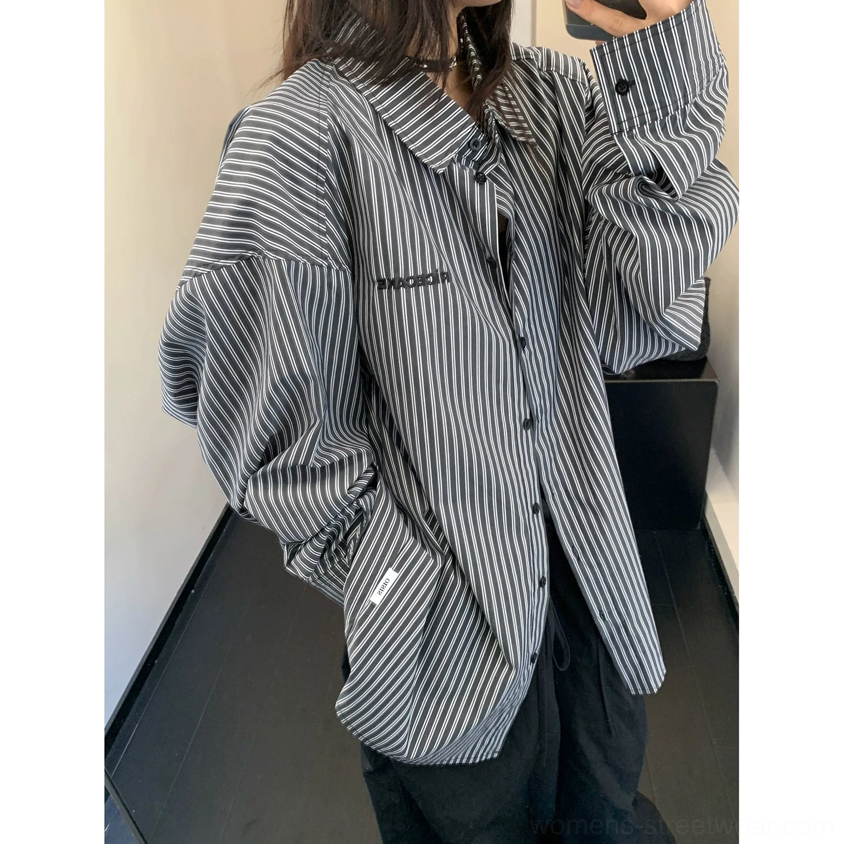 Black oversized vertical stripe cotton button-up streetwear shirt main product view