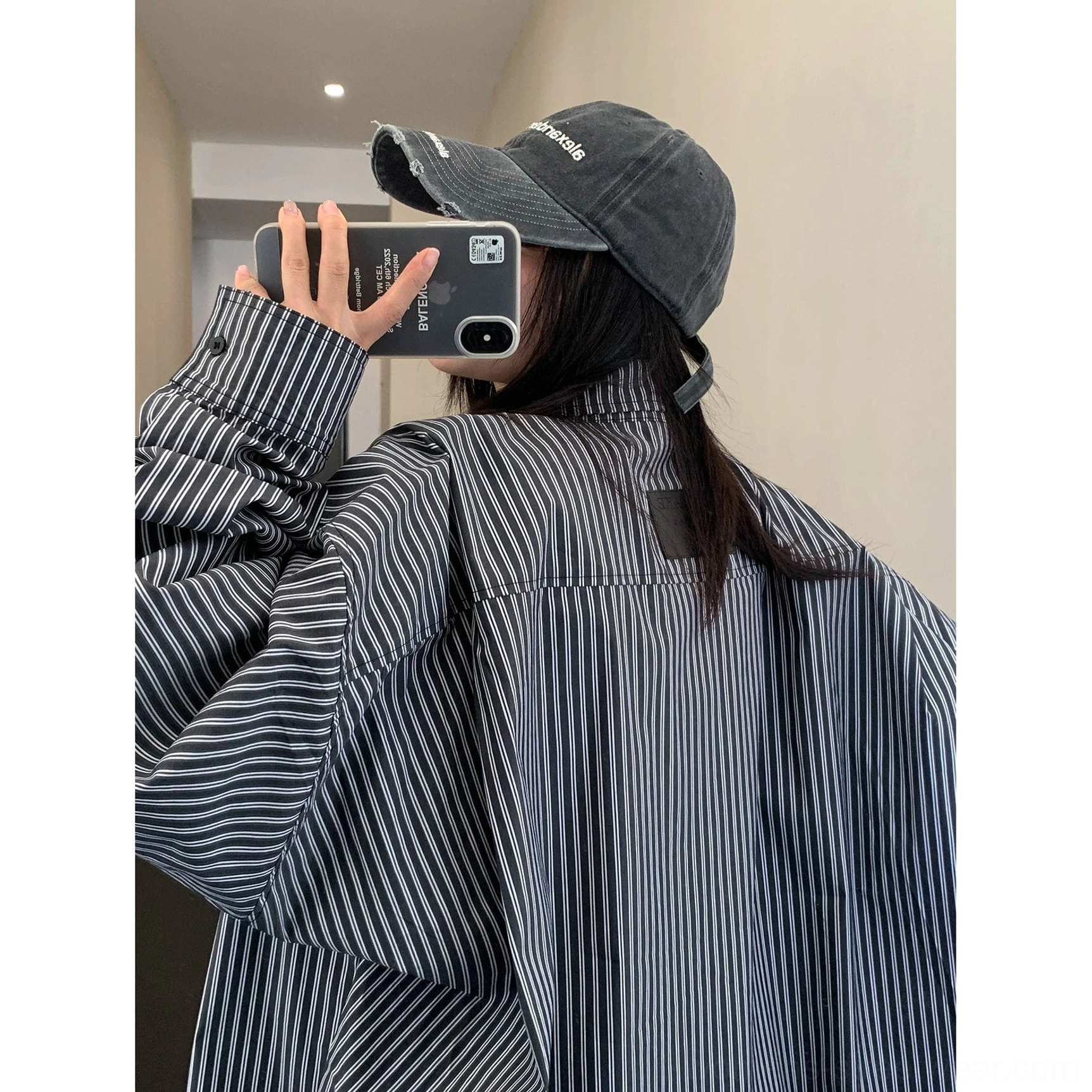 Black and white oversized vertical stripe long sleeve cotton shirt relaxed fit product view