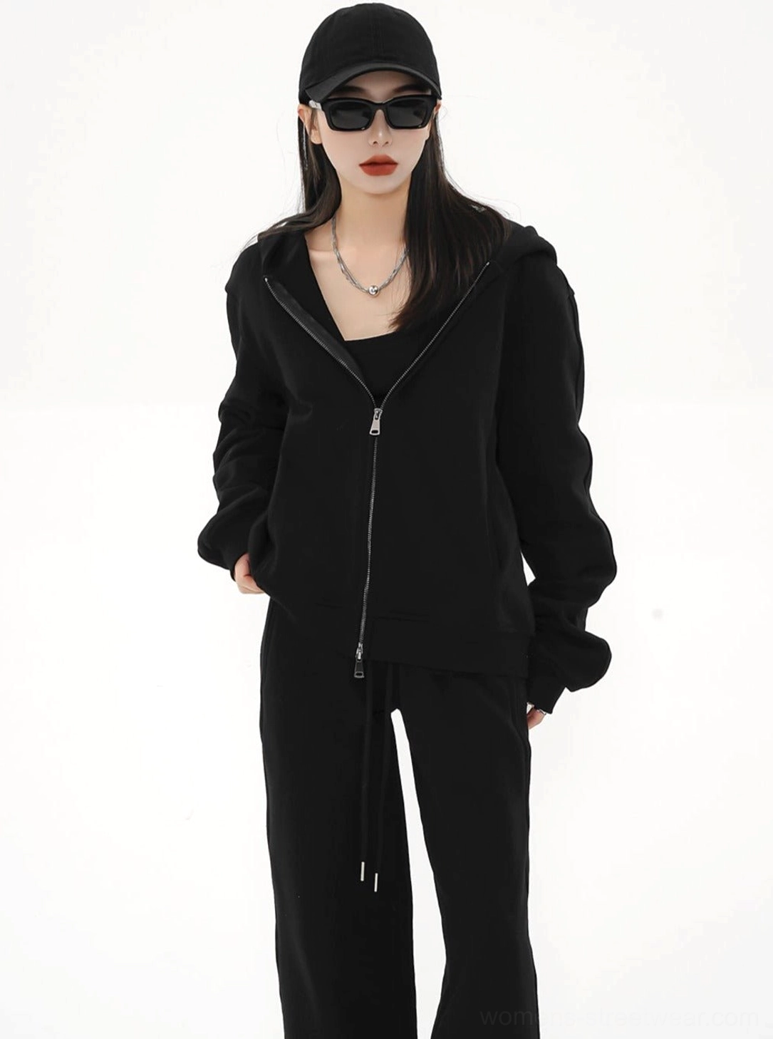 Black oversized zip-up hoodie jacket for women with full metal zipper styled for modern Korean streetwear