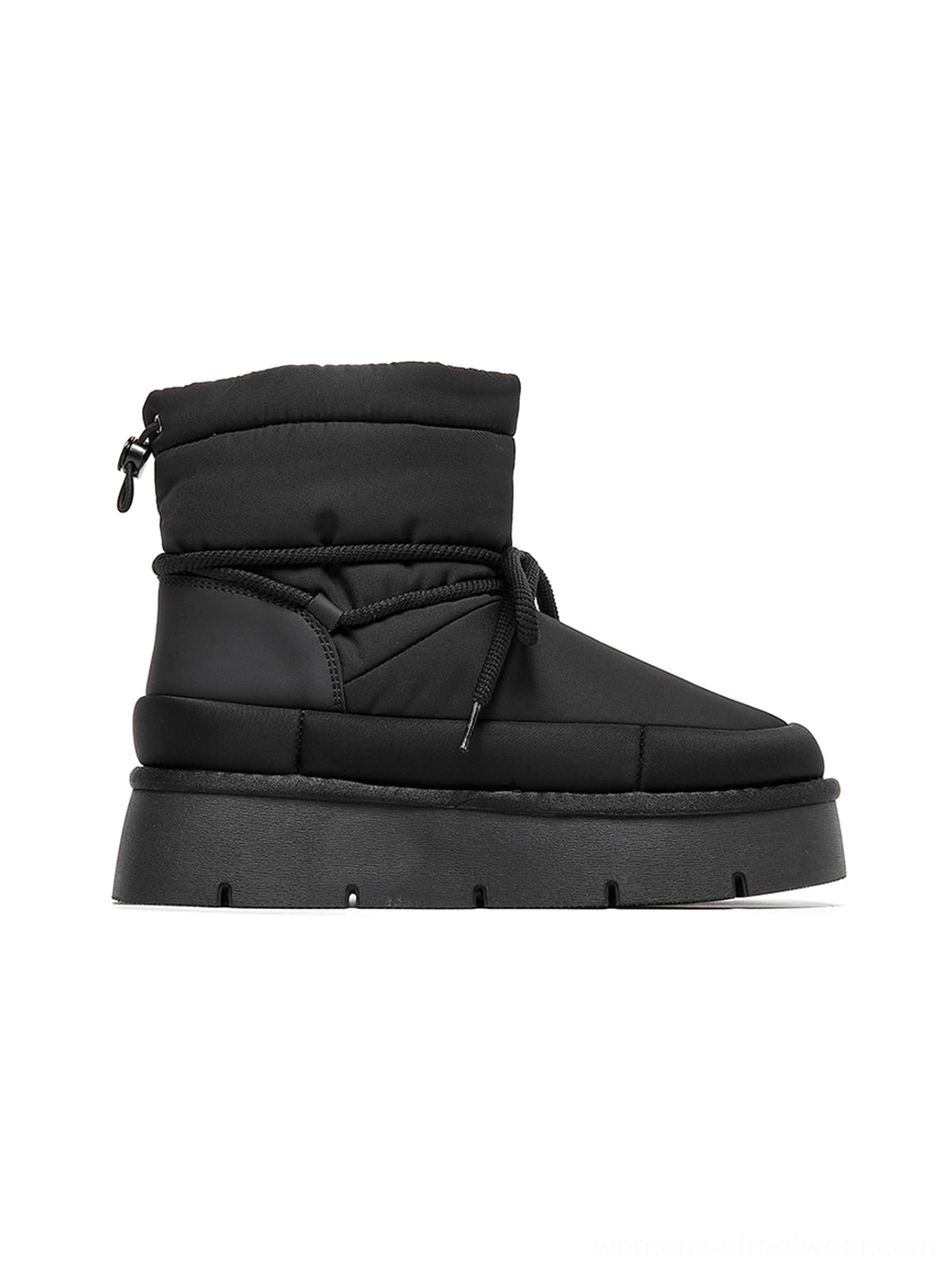 Black padded platform snow boots with chunky block sole and lace-up puffer boot silhouette product view