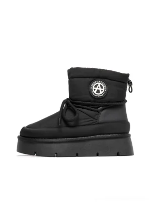 Black padded platform snow boot side profile with plush collar, wrap laces, heel pull tab, and chunky flatform sole