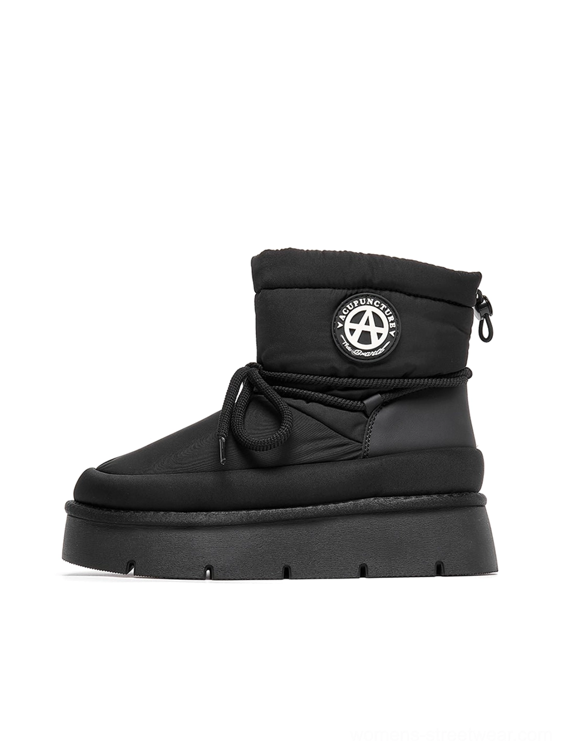 Black padded platform snow boot side profile with plush collar, wrap laces, heel pull tab, and chunky flatform sole