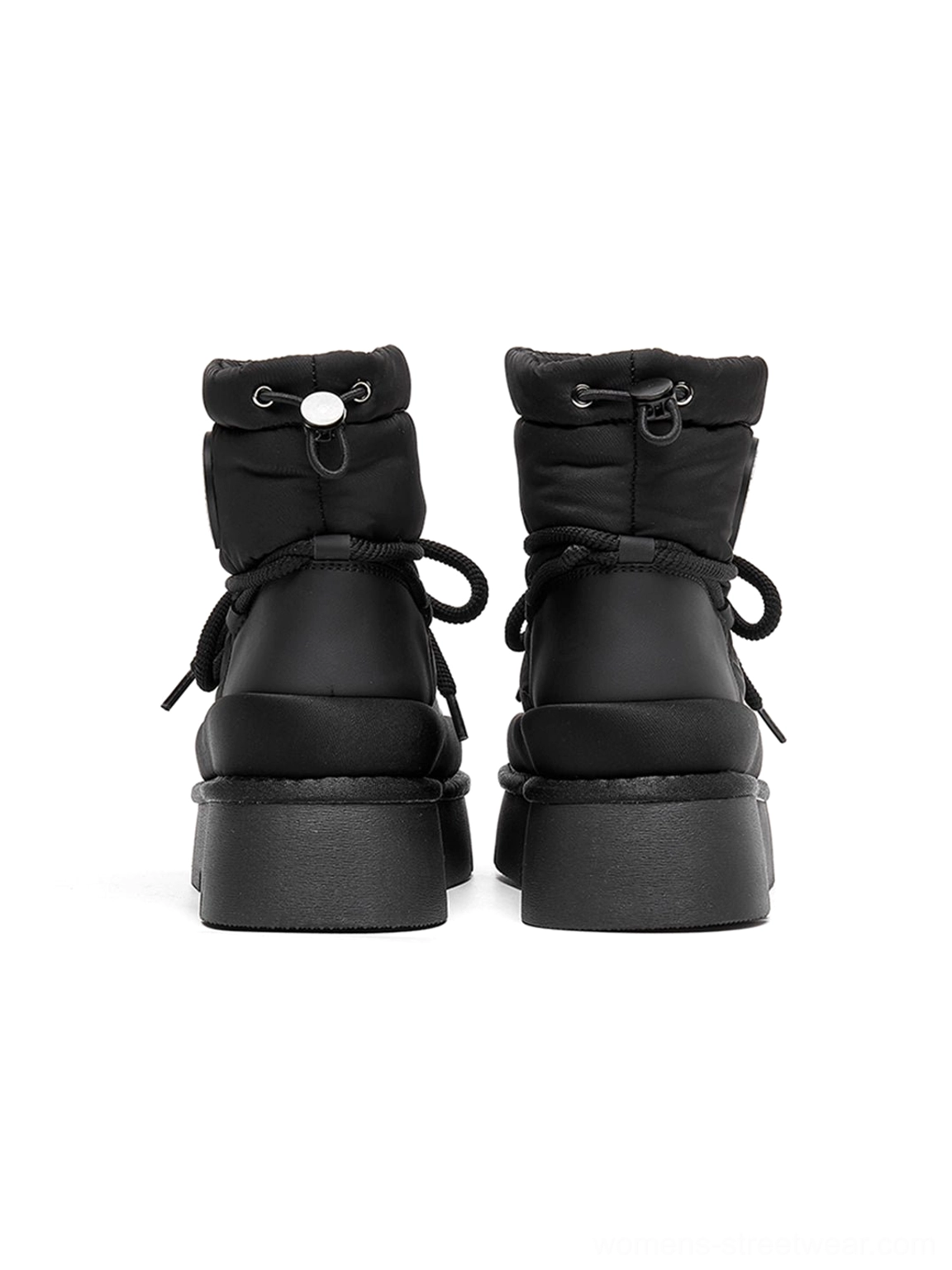 Black padded platform snow boots with plush lining and oversized wrap laces fashion product detail view