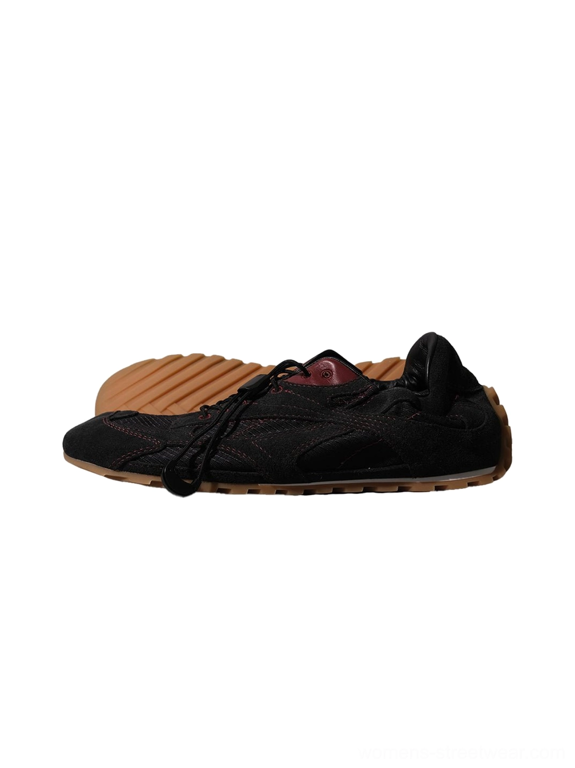 Black paneled nubuck low-profile trainers with gum rubber outsole and dark red lining