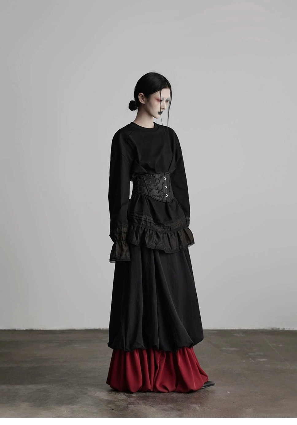 Black patchwork A-line maxi skirt with red contrast details for gothic vintage outfits
