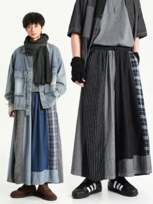 Black patchwork denim skirt pants worn in two streetwear outfits showing the oversized wide-leg drape and mixed plaid panels