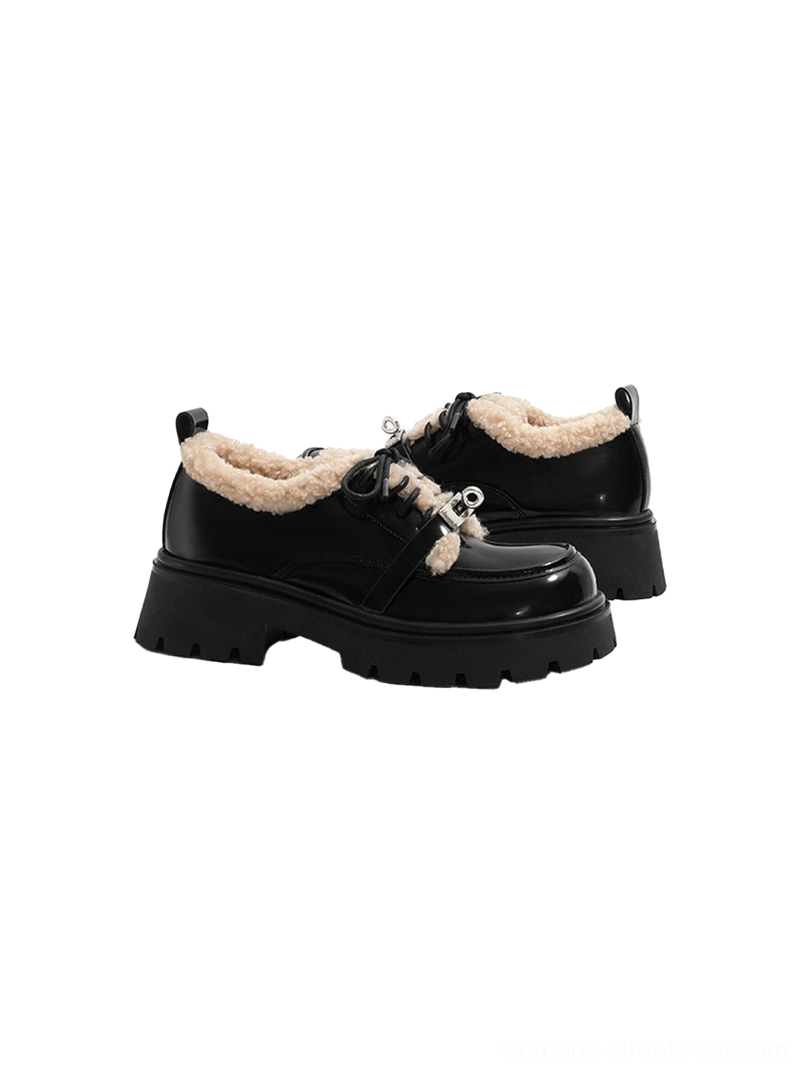 Low-angle pair view of black patent fleece-collar platform Oxford shoes with metal lace buckles and chunky streetwear soles