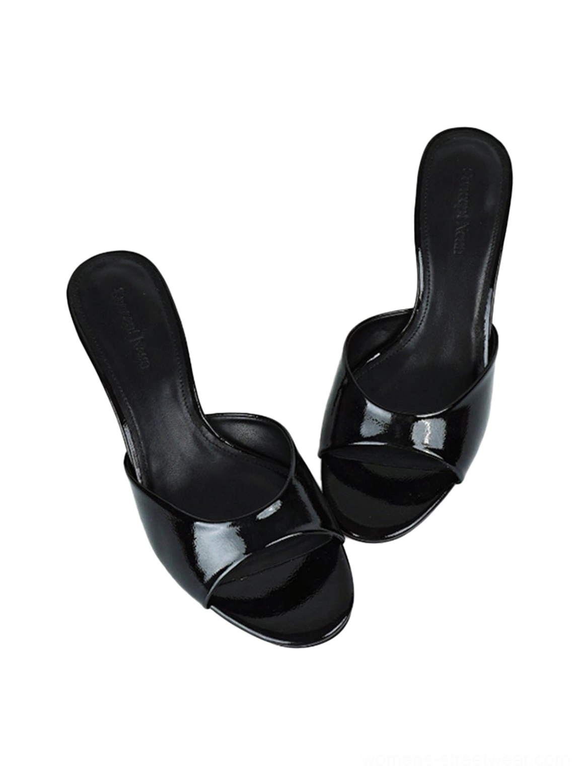 Black patent kitten-heel mule shoes shown at an angle with synthetic lining and rubber outsole details