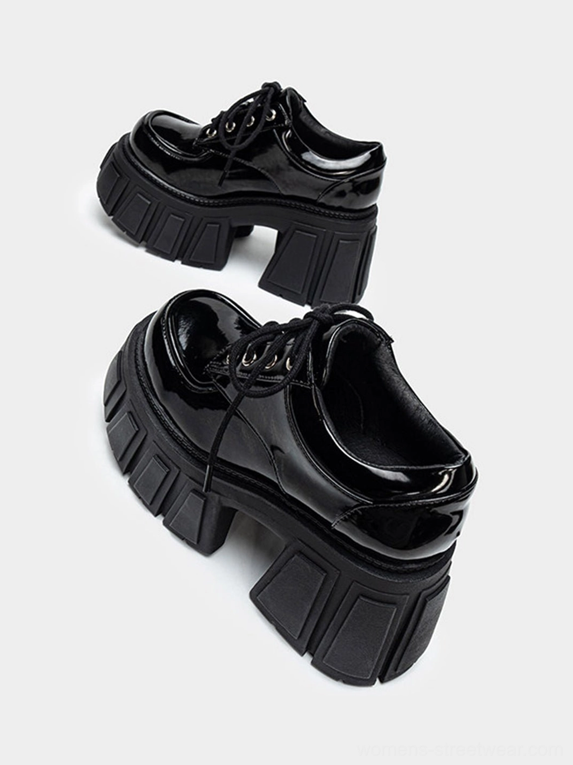 Black patent lace-up derby heels with dramatic platform sole for Y2K fashion, Korean streetwear, and alternative outfits
