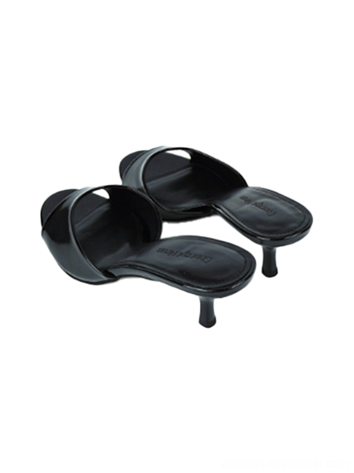 Pair of black patent open-toe kitten-heel mule shoes shown from above with glossy finish