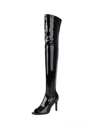 Black patent leather over-the-knee peep-toe stiletto boots shown in left profile with glossy thigh-high fitted shaft and side zipper