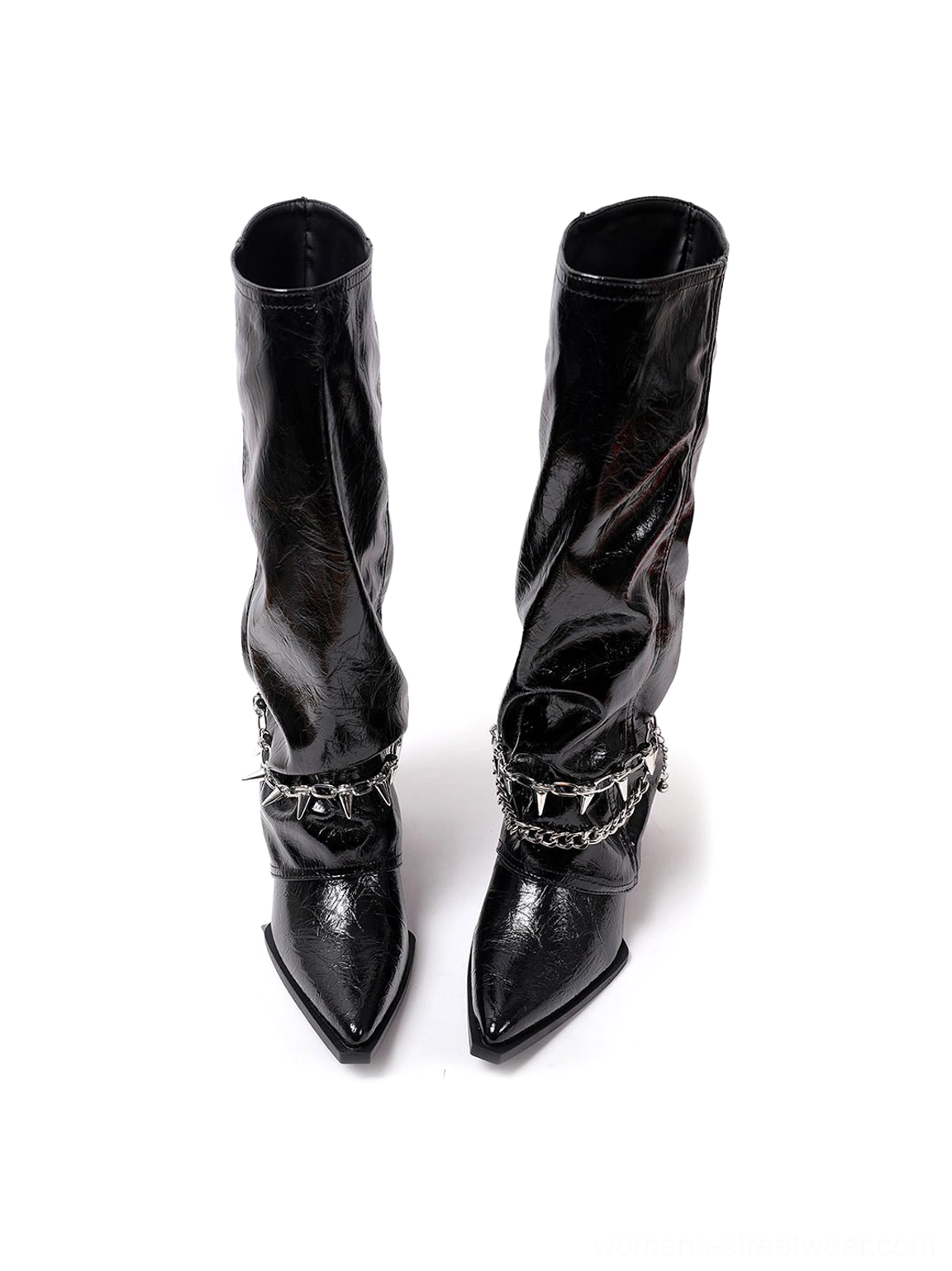 Black patent spiked chain mid-calf punk wedge boots detailed product image with pointed toe and metal hardware