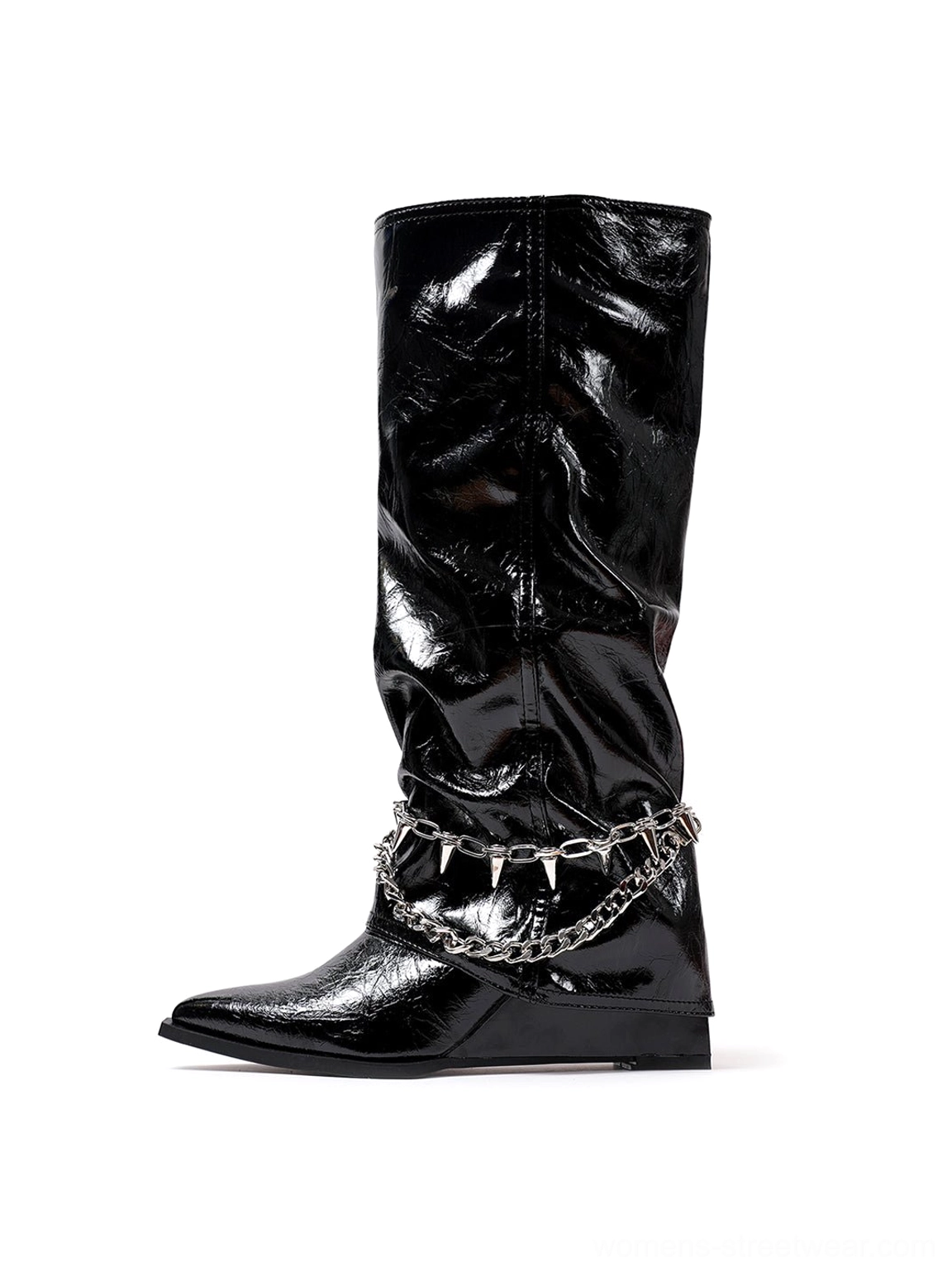 Black patent spiked chain mid-calf punk wedge boot front three-quarter product view on white background