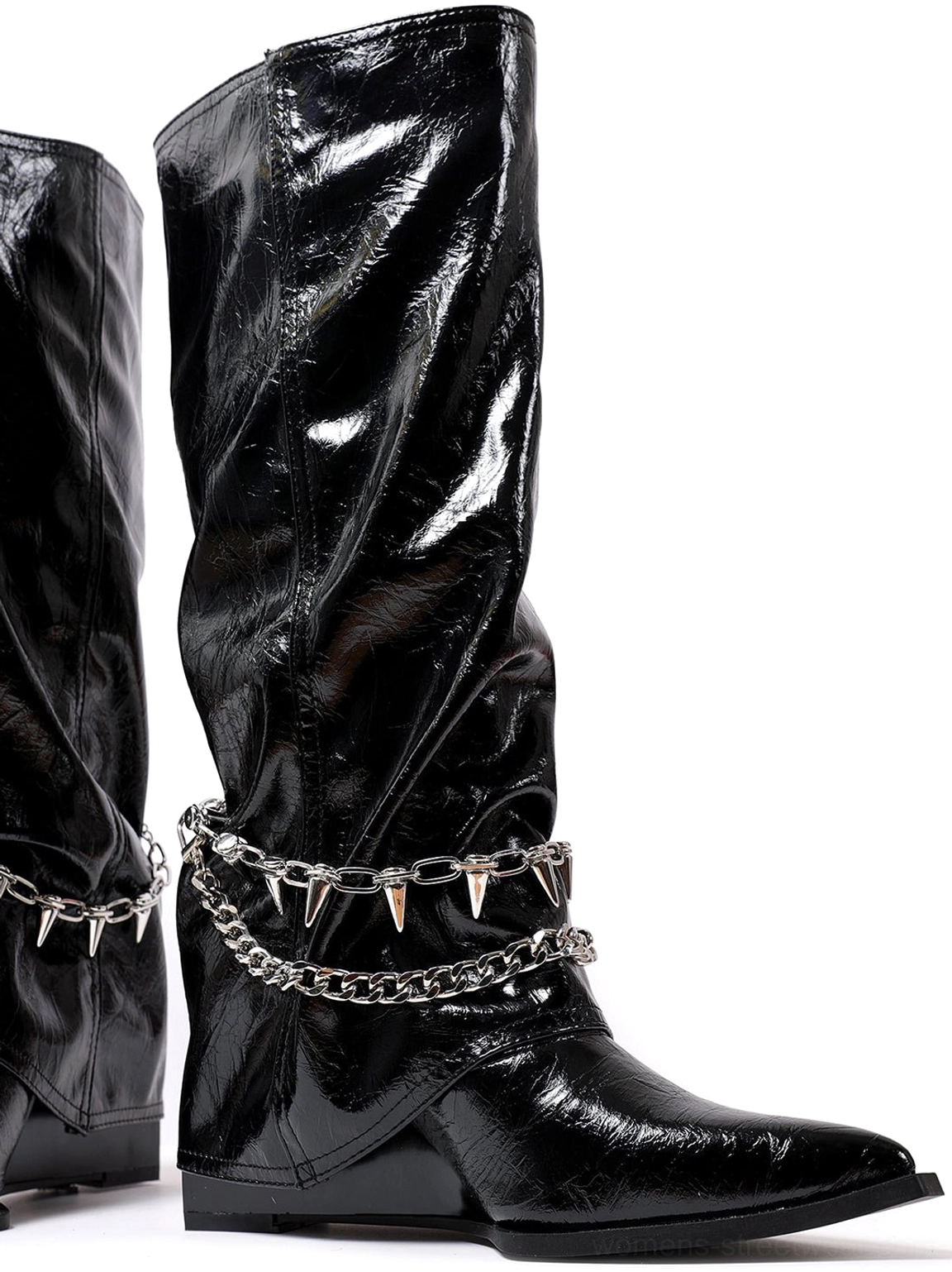 Black patent spiked chain mid-calf punk wedge boots glossy streetwear footwear product image