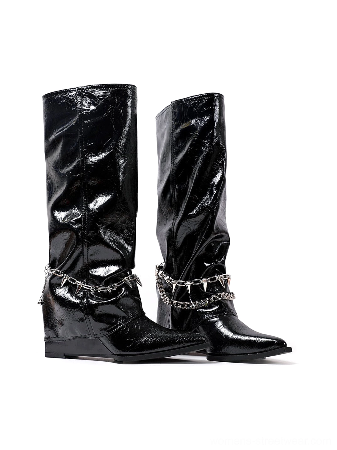 Pair of black patent spiked chain mid-calf punk wedge boots front display on white background