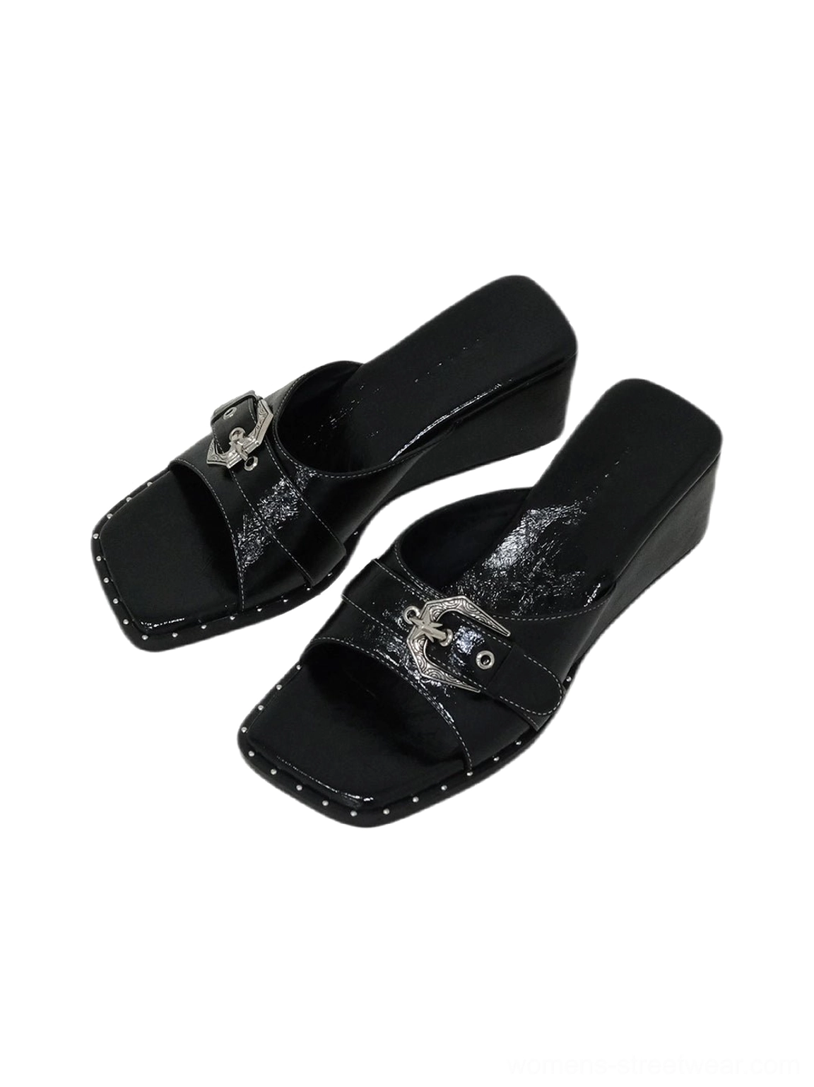 Black patent square-toe wedge slide sandals with buckle-detail upper and studded sole edge product image