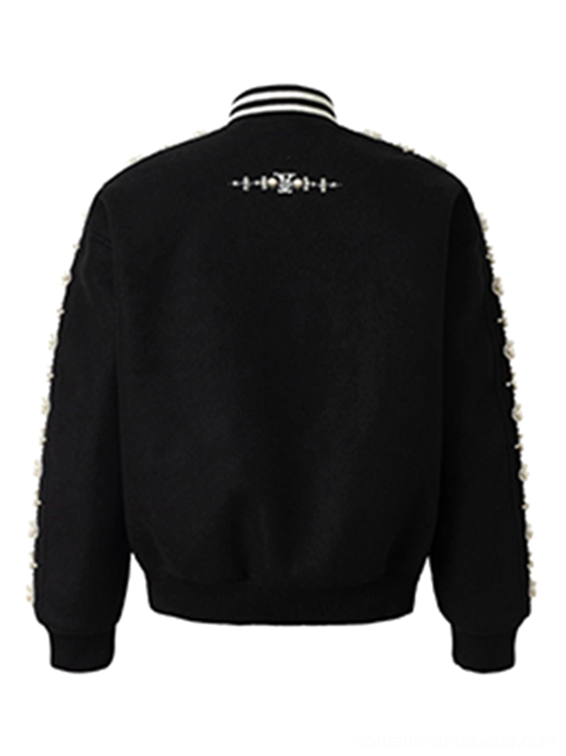 Back view of black pearl beaded varsity baseball jacket showing embroidered back detail ribbed collar and decorated sleeves