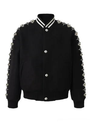 Front view of a black pearl beaded varsity jacket with striped ribbed collar silver snap buttons and embellished shoulder and sleeve trims