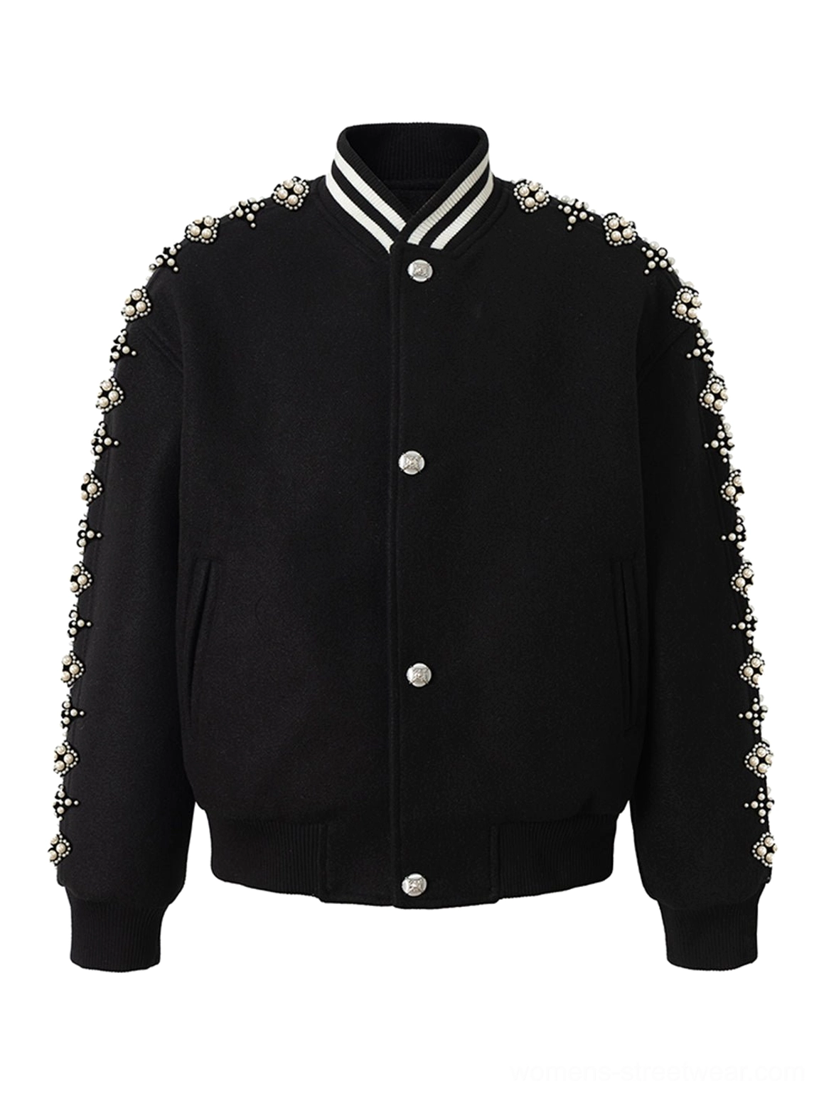 Front view of a black pearl beaded varsity jacket with striped ribbed collar silver snap buttons and embellished shoulder and sleeve trims