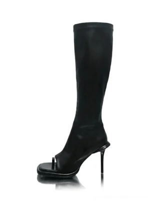 Black peep toe stretch stiletto knee high boots for women shown in left side studio view